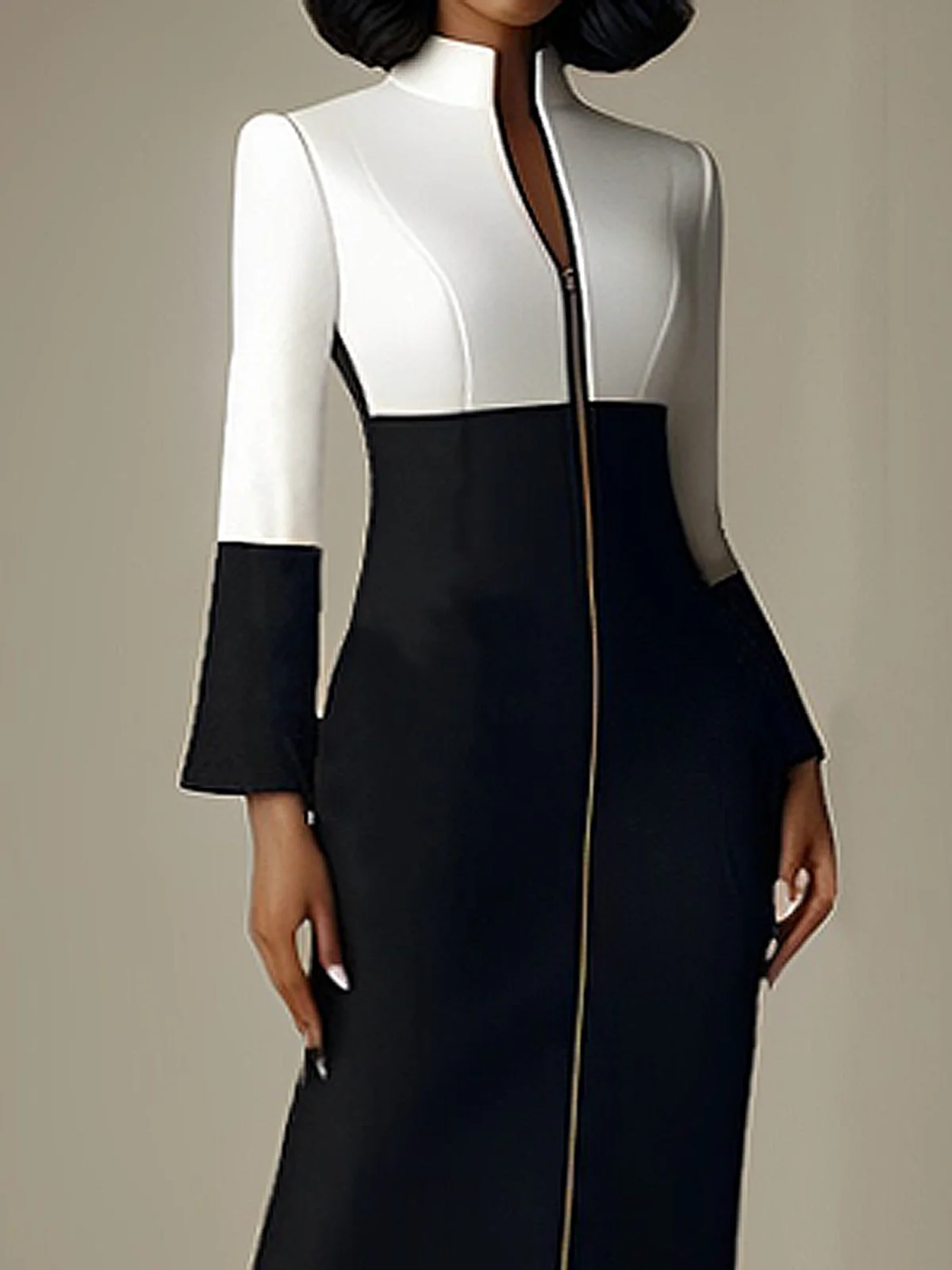 Micro-Elasticity Elegant Regular Sleeve Color Block Long Sleeve Tight Midi Dress