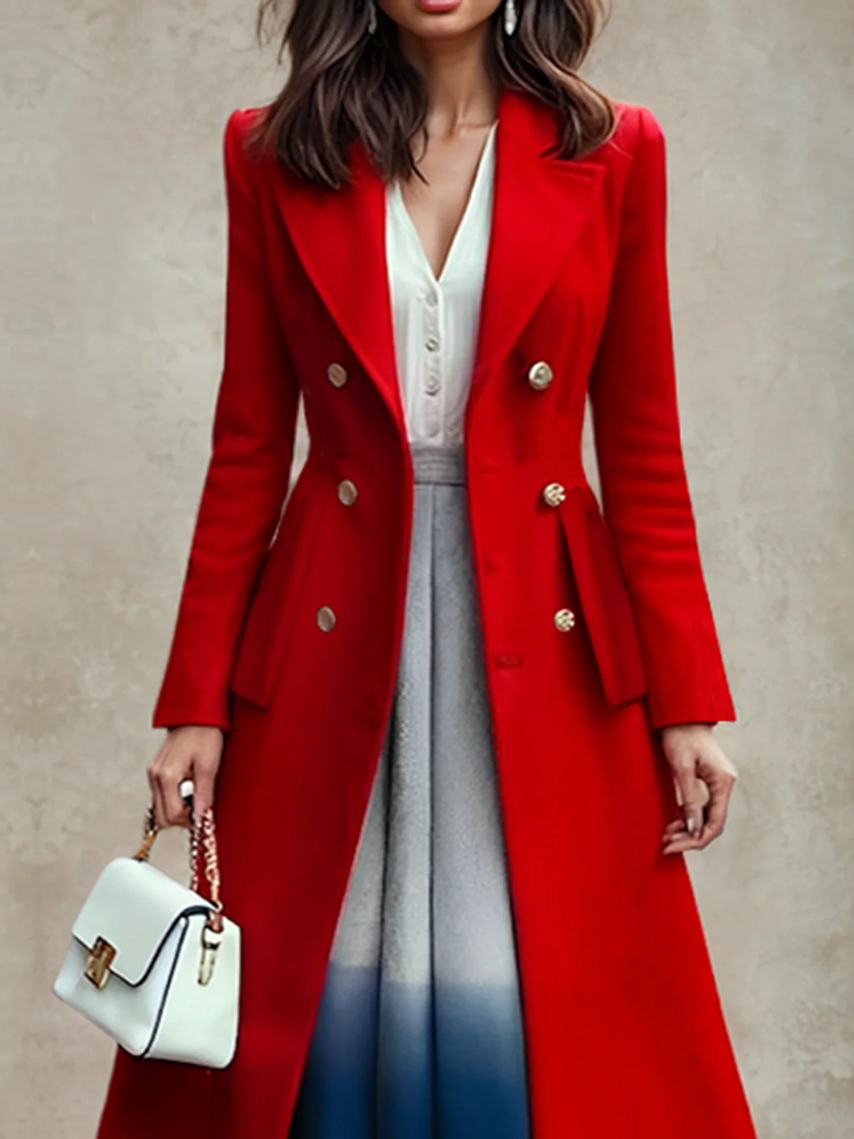 Plain Regular Fit Regular Sleeve Lapel CollarLong Sleeve Elegant Long Coat