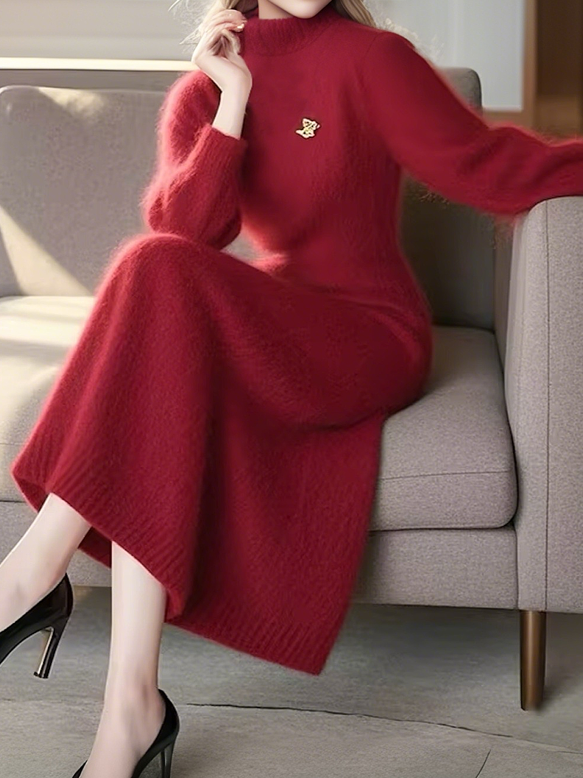 High Elasticity Regular Fit Plain Regular Sleeve Mock Neck Long Sleeve Elegant Sweater Midi Dress  Brooch not included