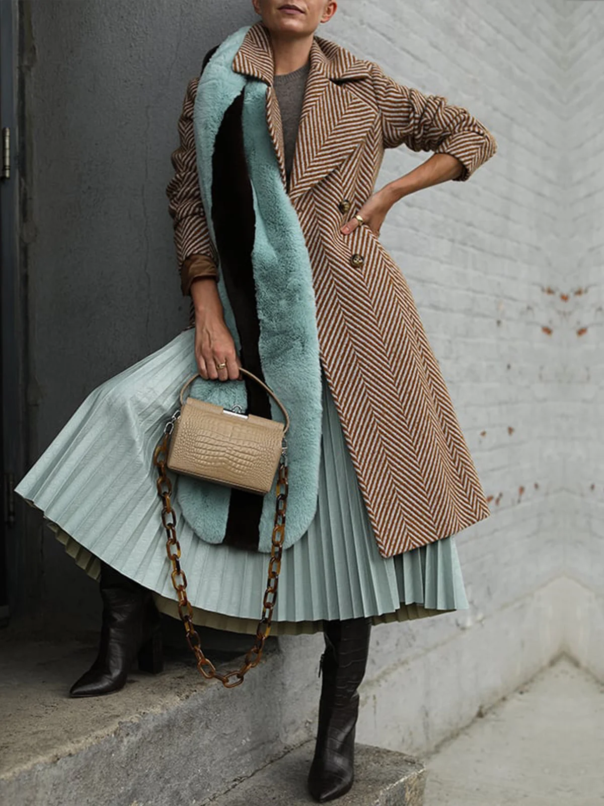 Urban Herringbone Buttoned Lapel Collar Coat With Belt