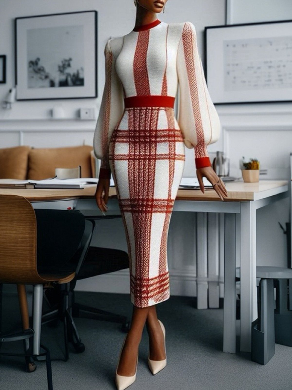 Elegant Balloon Sleeve Plaid Crew Neck Sweater Dress