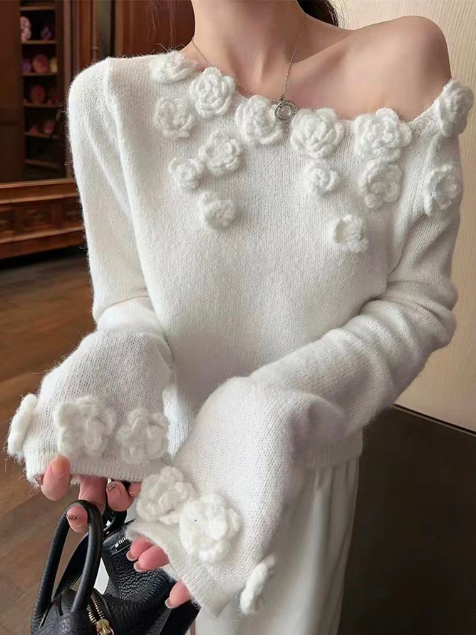 Floral 3D Floral Crew Neck Elegant Sweater