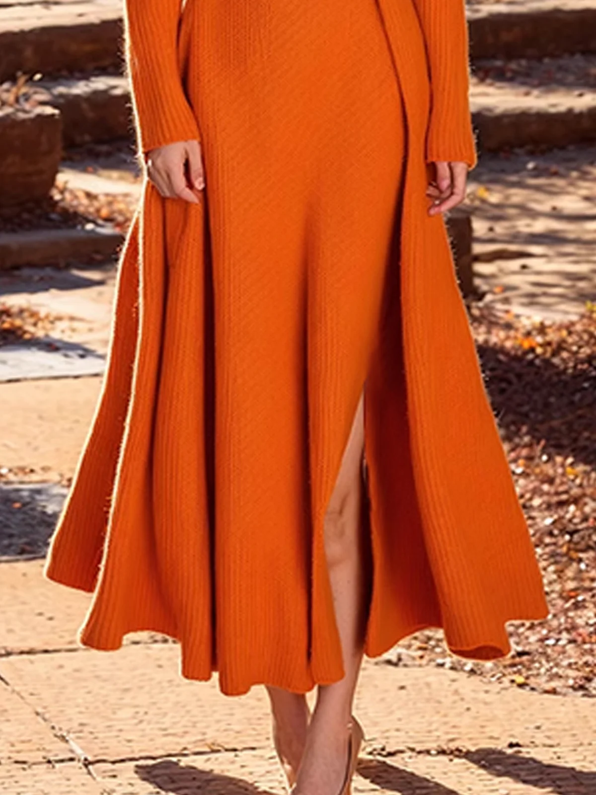 High Elasticity Plain Regular Fit Elegant Crew Neck Regular Sleeve Sweater Maxi Dress With Belt