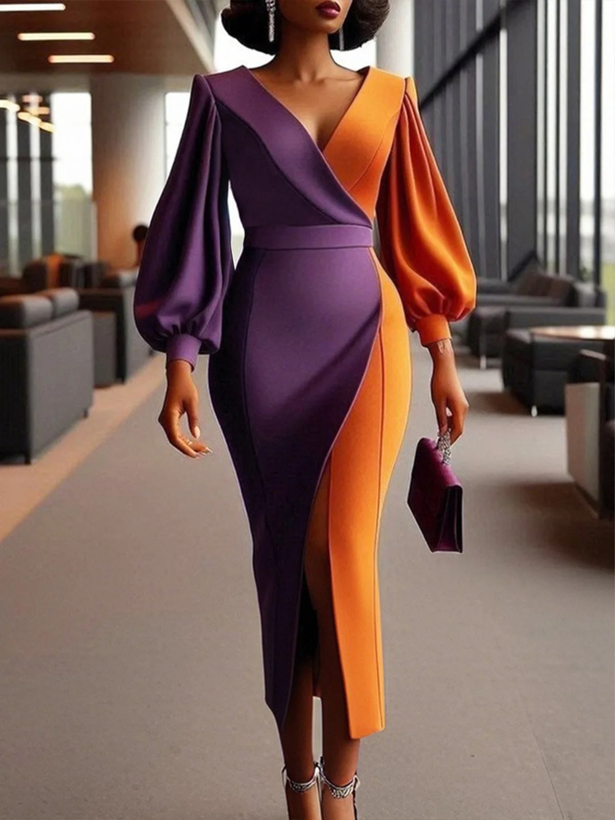 Elegant Balloon Sleeve Color Block V Neck  Dress