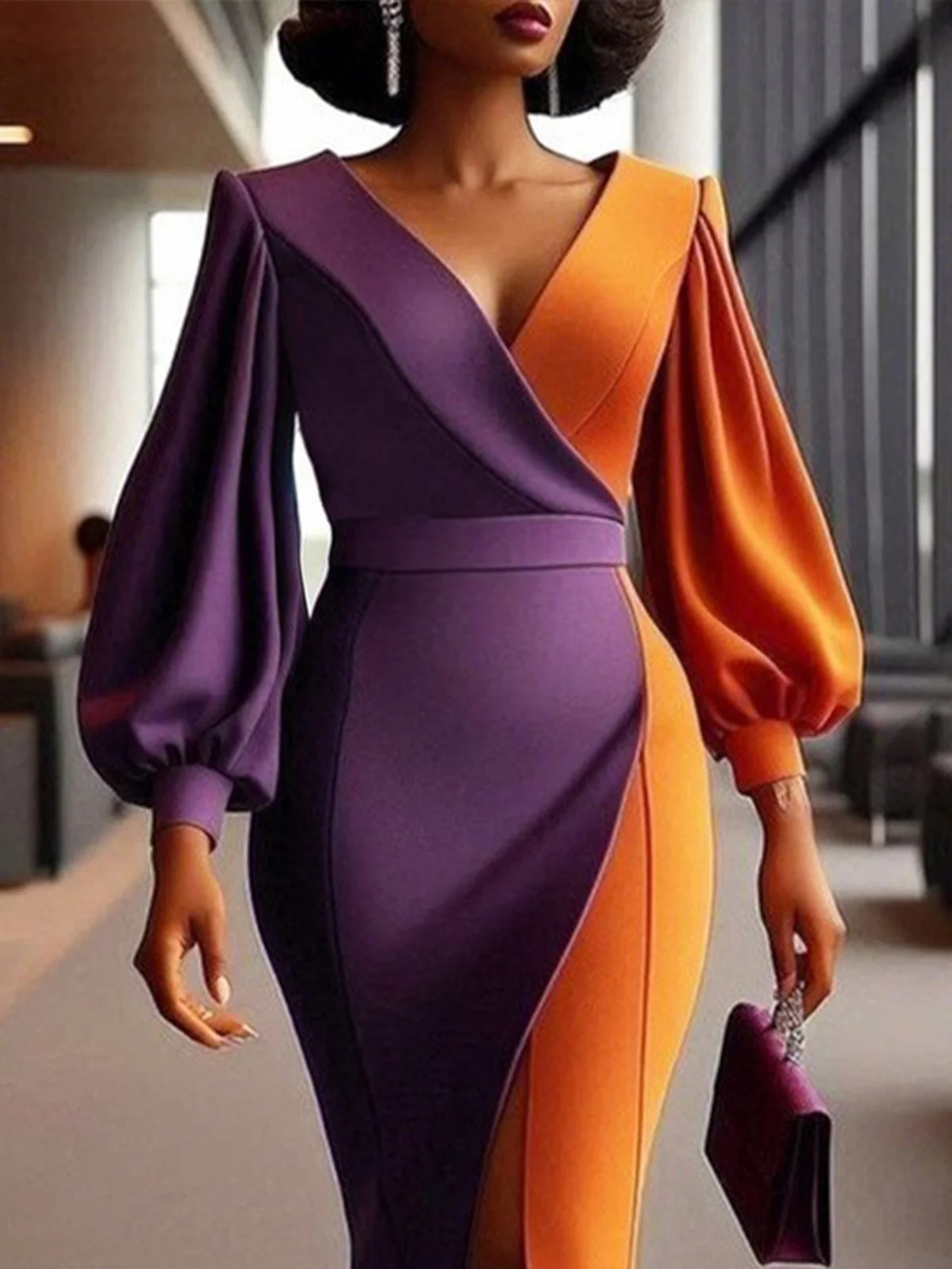 Elegant Balloon Sleeve Color Block V Neck  Dress