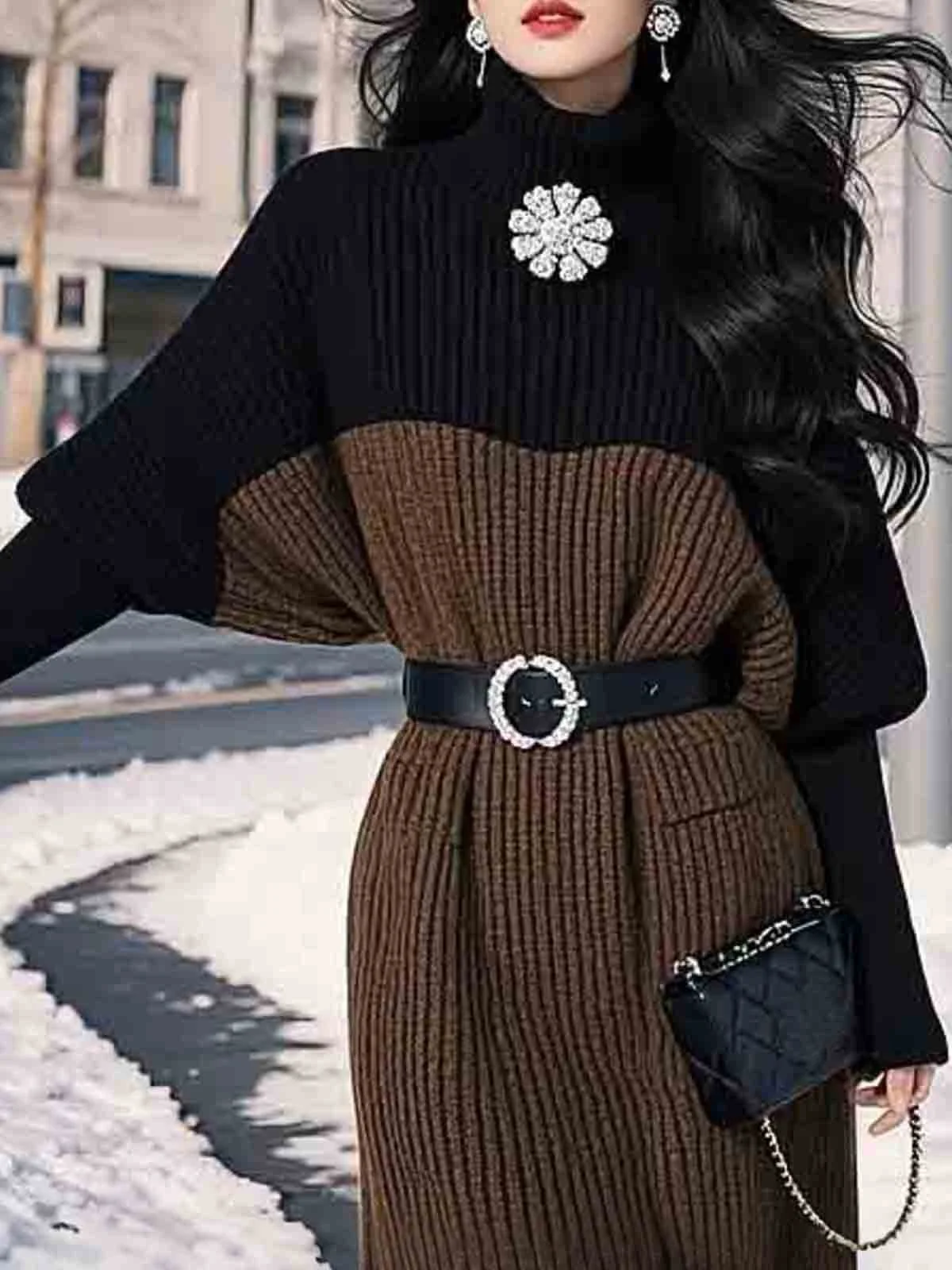 Elegant Crew Neck Raglan Sleeves Color Block Sweater Dress With Brooch