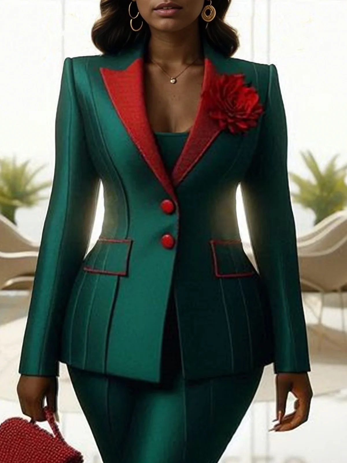 Regular Sleeve Color Block Elegant Blazer With Floral Brooch