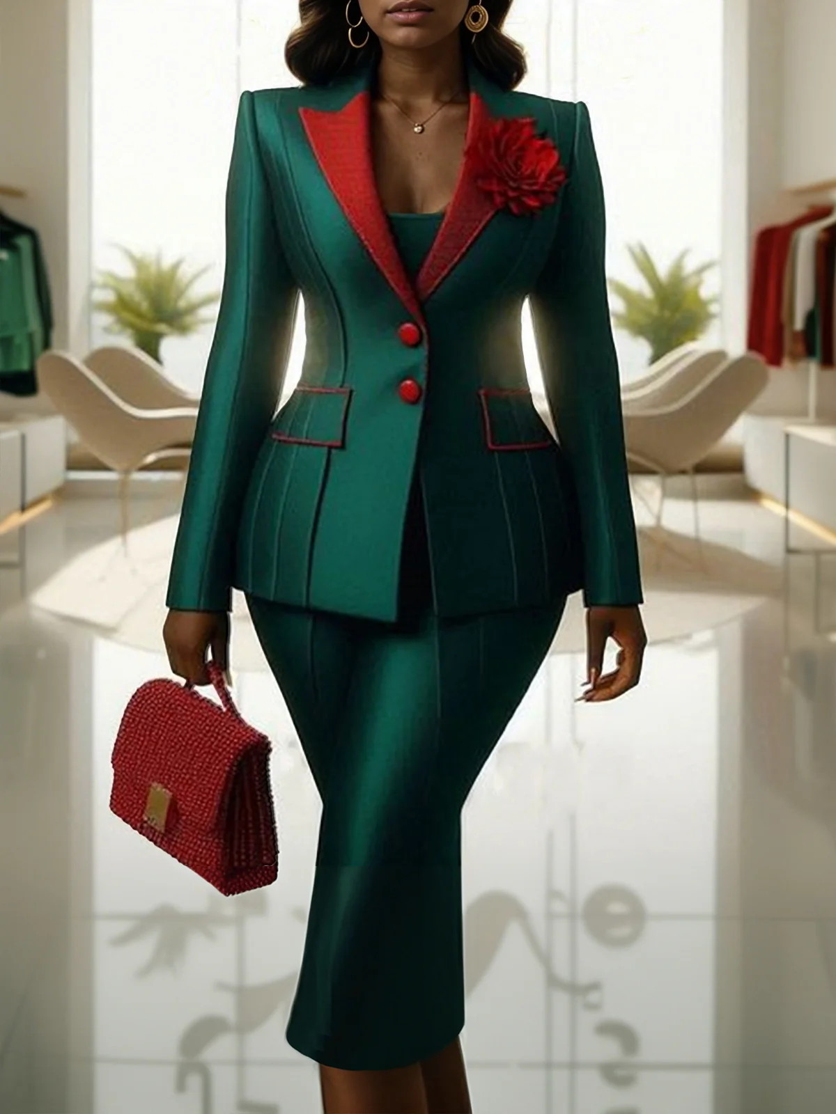 Regular Sleeve Color Block Elegant Blazer With Floral Brooch