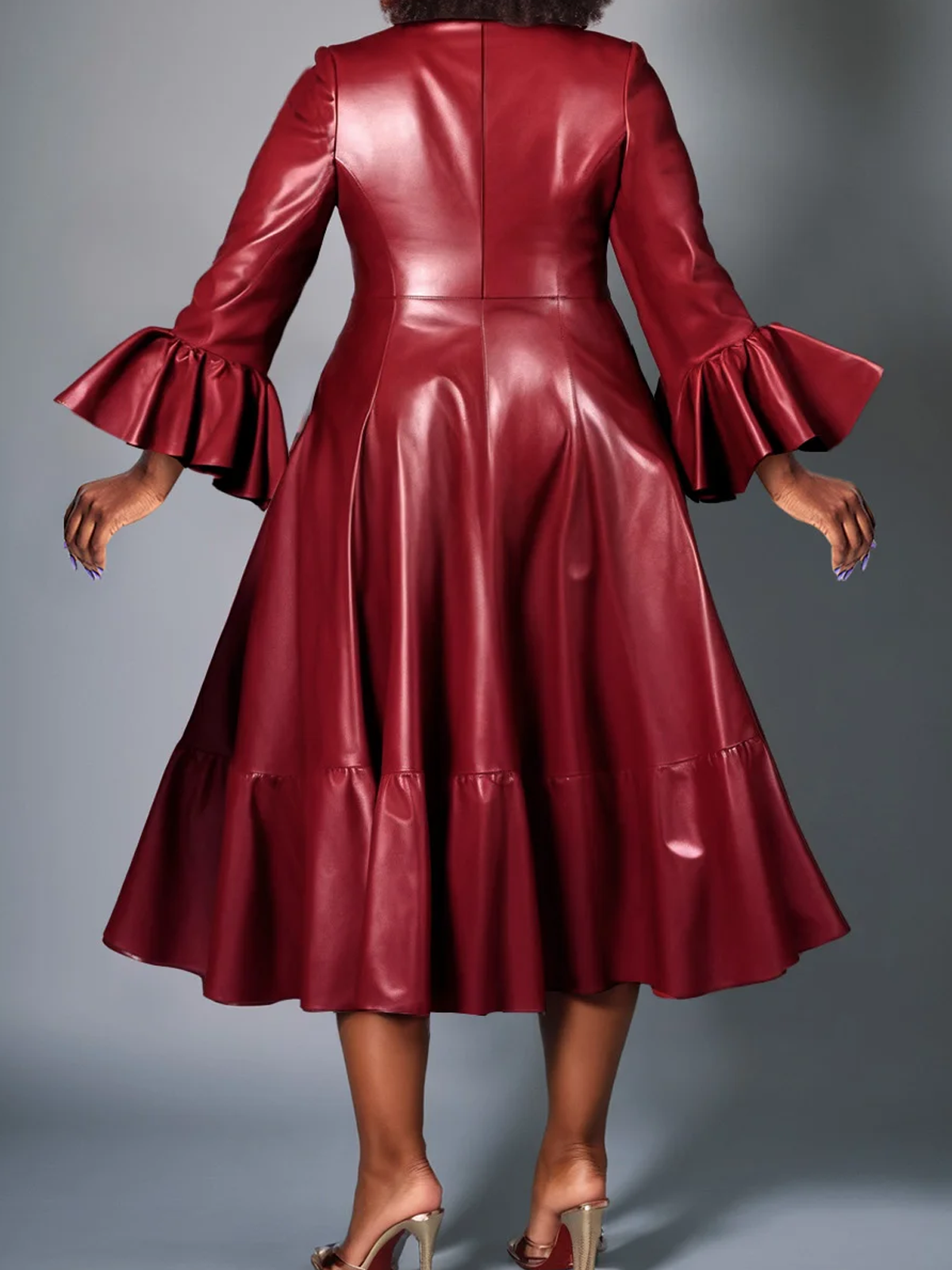 Regular Fit Elegant Crew Neck Three Quarter Sleeve  Ruffle Sleeve Faux Leather Midi Dress