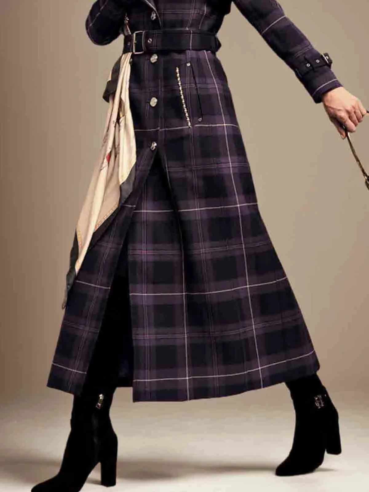 Urban Plaid Long Sleeve Trench Coat With Belt