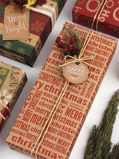 Christmas Kraft Wrapping Paper DIY Set - 6 Sheets with Santa Claus, Trees and More