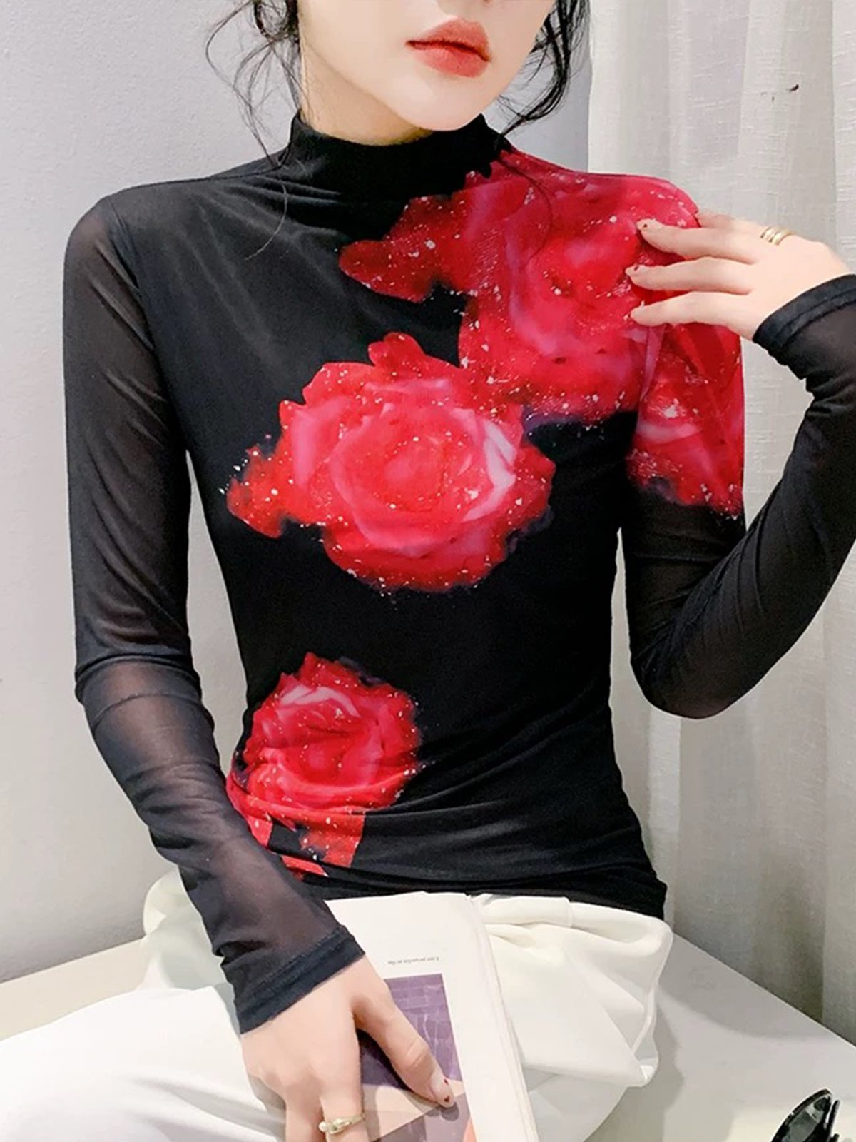 Mock Neck Regular Sleeve Floral Printing Elegant T-Shirt