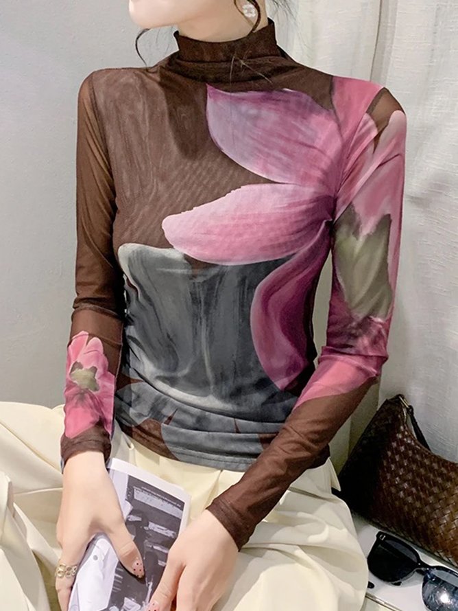 Regular Sleeve Regular Fit Casual Mock Neck Floral T-Shirt