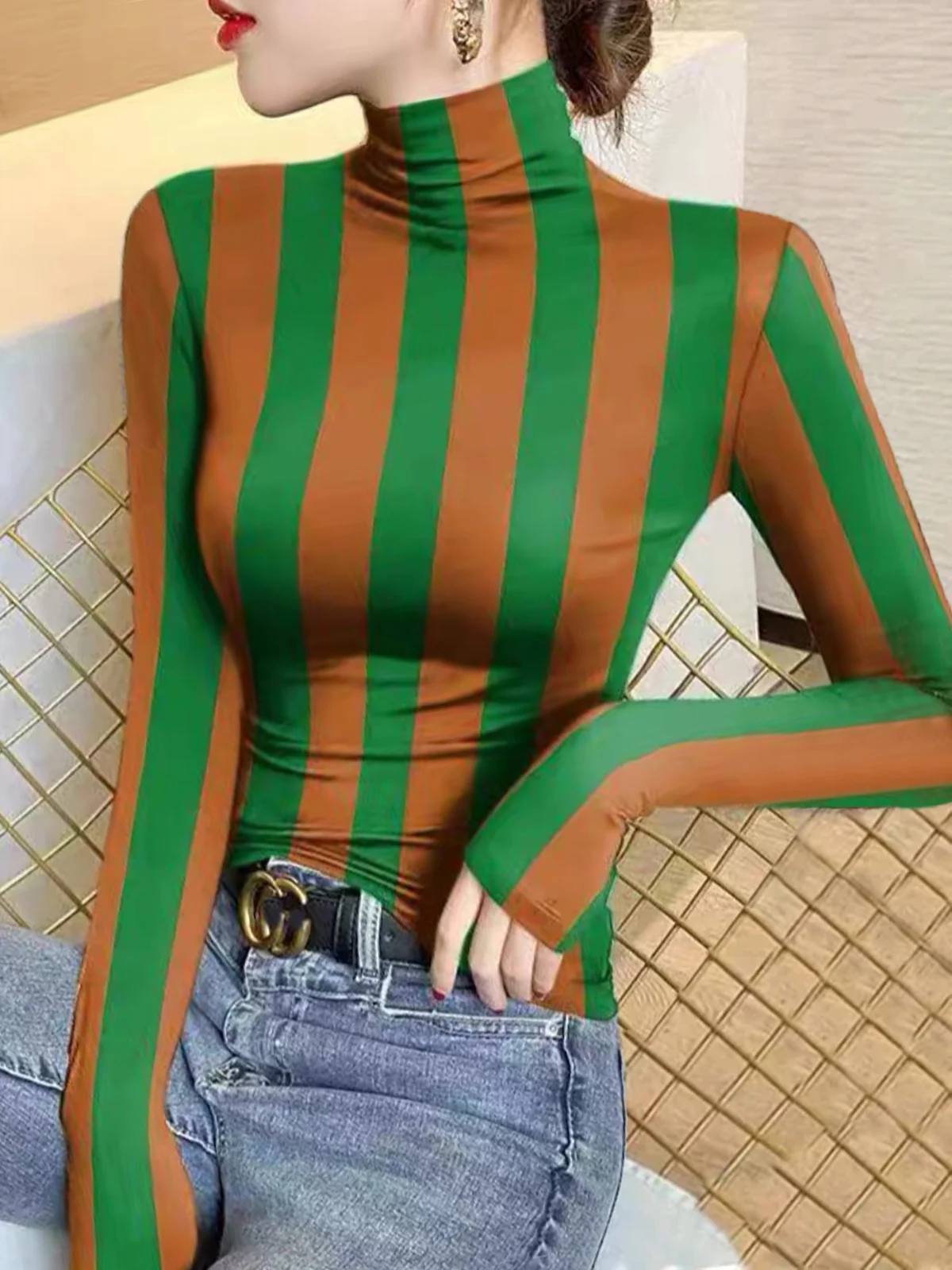 Regular Sleeve Striped Turtleneck Urban T-Shirt