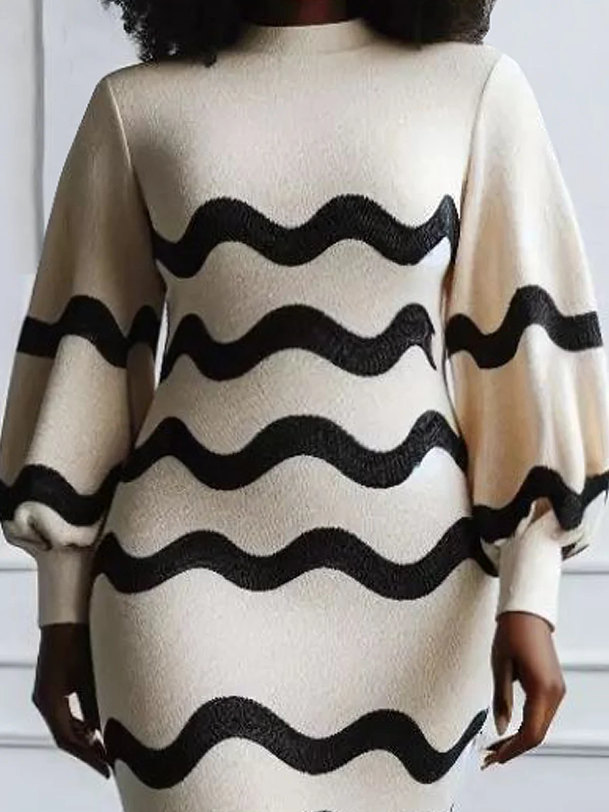 Medium Elasticity Stand Collar Balloon Sleeve Urban Tight Long Sleeve Geometric Sweater Dress