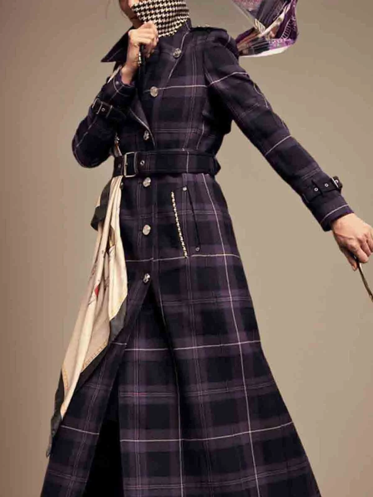 Urban Plaid Long Sleeve Trench Coat With Belt