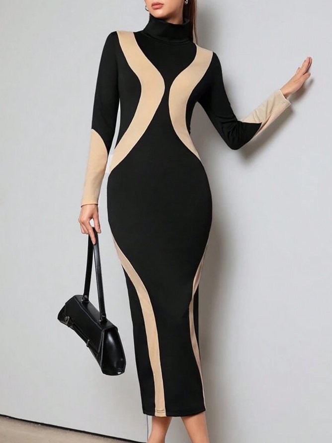 Elegant Printing Turtleneck Regular Sleeve Midi Dress