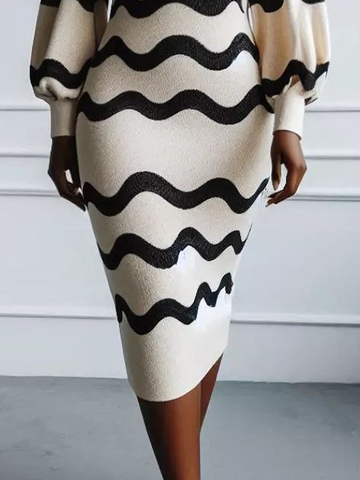 Medium Elasticity Stand Collar Balloon Sleeve Urban Tight Long Sleeve Geometric Sweater Dress