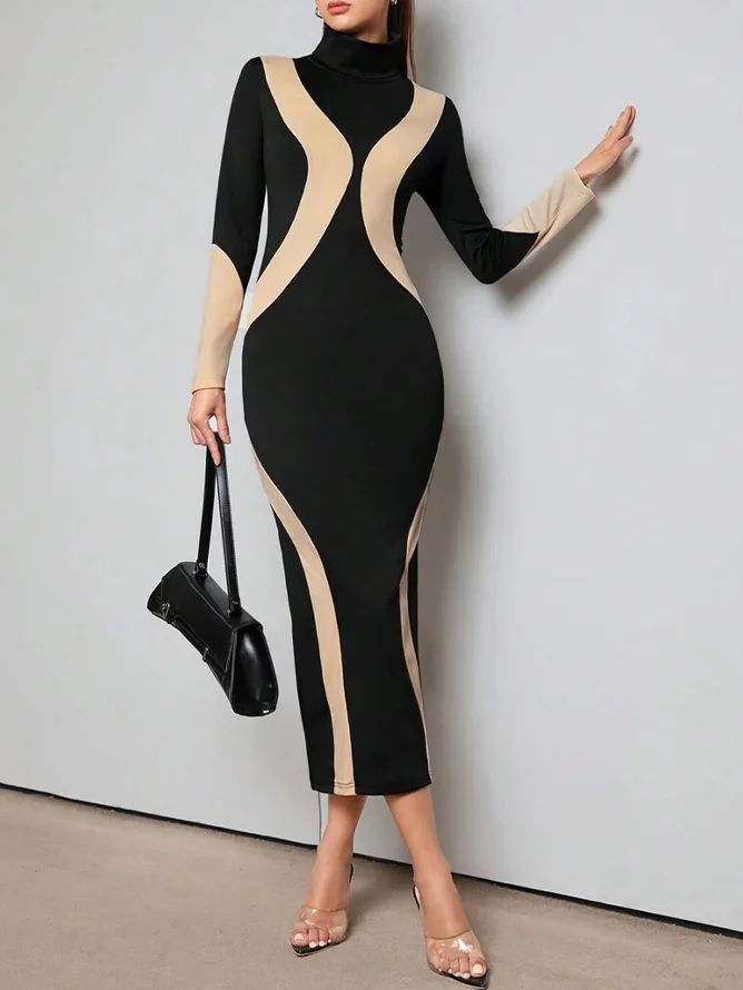 Elegant Printing Turtleneck Regular Sleeve Midi Dress