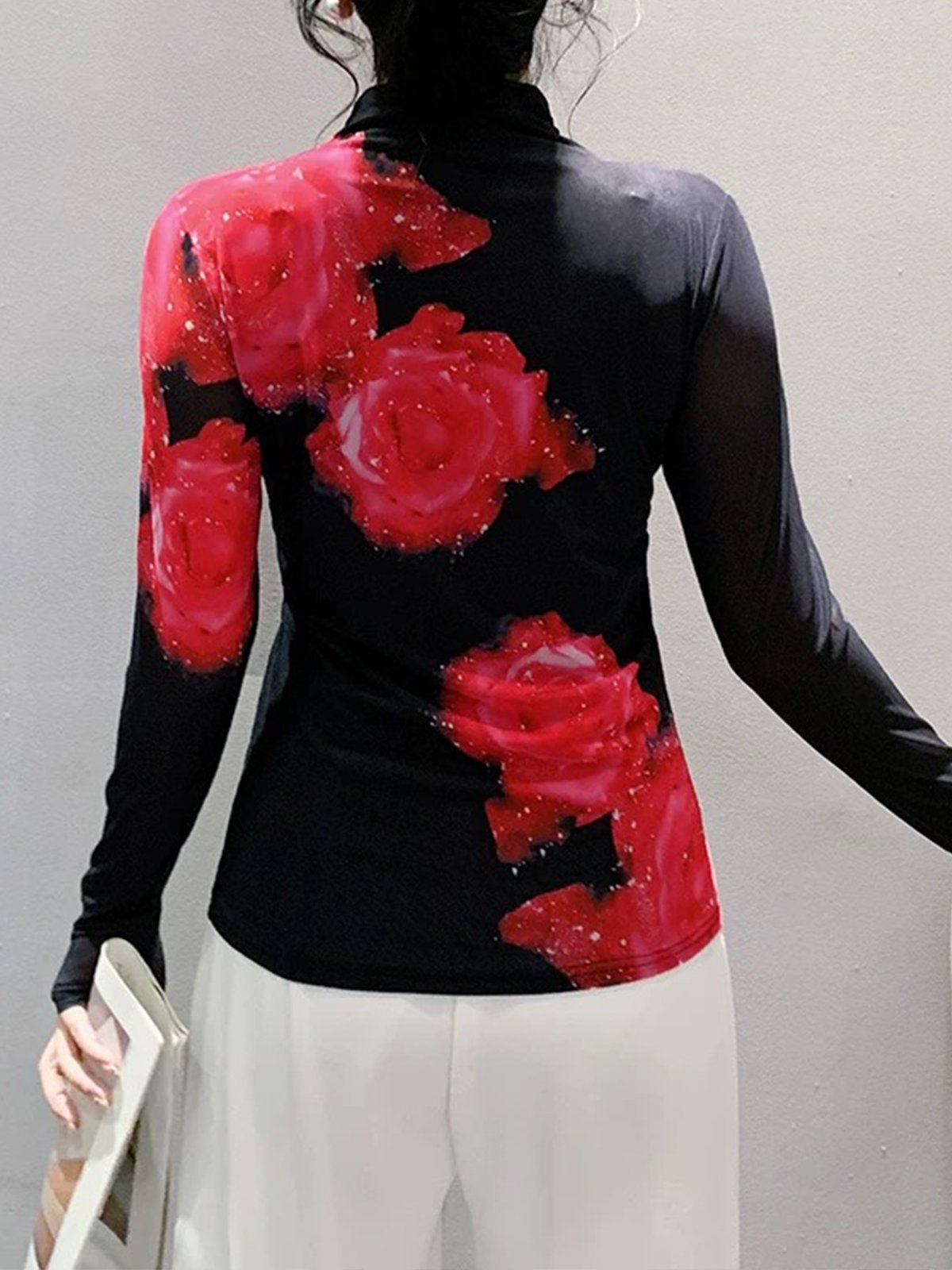 Mock Neck Regular Sleeve Floral Printing Elegant T-Shirt