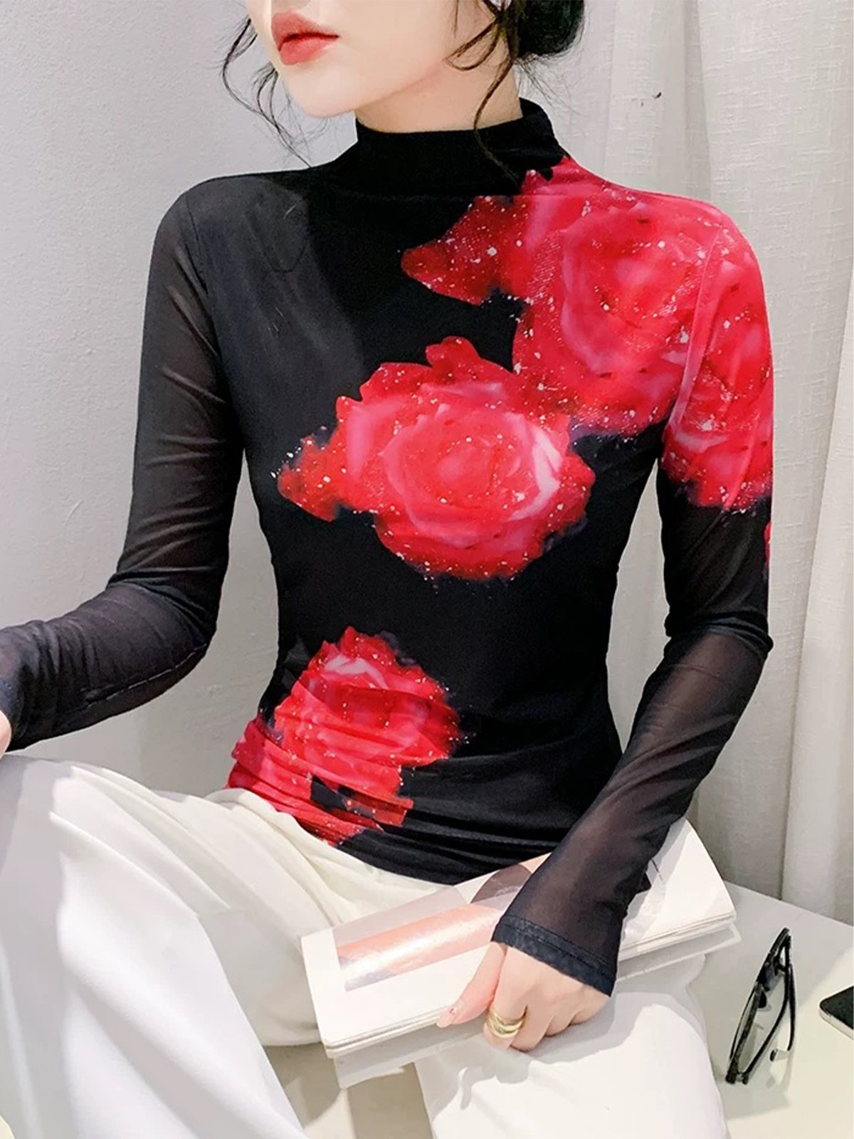 Mock Neck Regular Sleeve Floral Printing Elegant T-Shirt