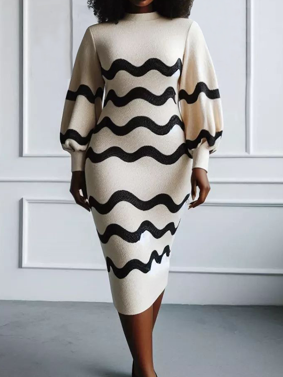 Medium Elasticity Stand Collar Balloon Sleeve Urban Tight Long Sleeve Geometric Sweater Dress