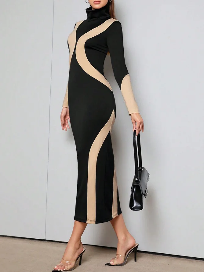 Elegant Printing Turtleneck Regular Sleeve Midi Dress