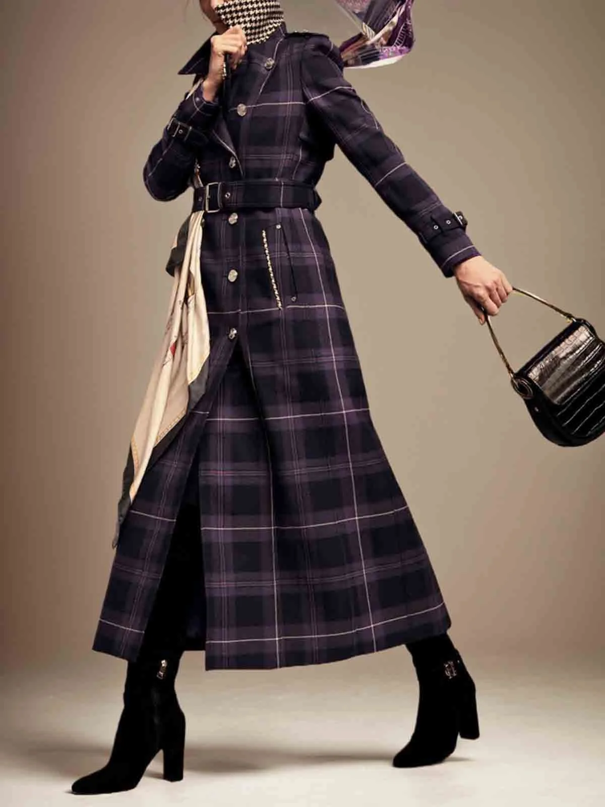 Urban Plaid Long Sleeve Trench Coat With Belt