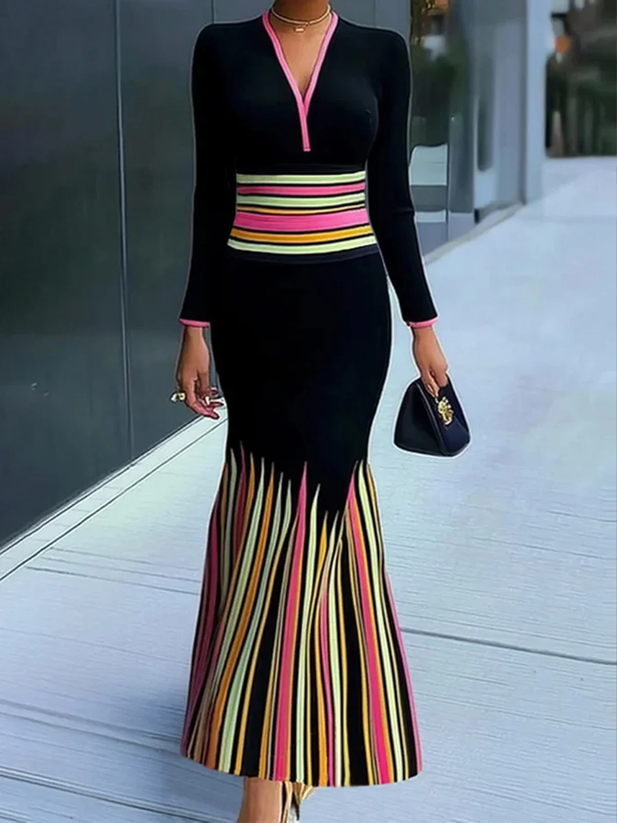 Elegant Striped V Neck Maxi Dress