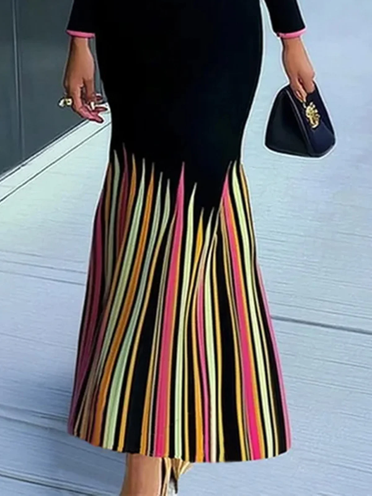 Elegant Striped V Neck Maxi Dress