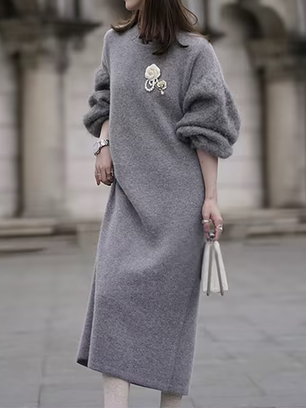 Medium Elasticity Loose Elegant Regular Sleeve Turtleneck Long Sleeve Color Block Sweater Dress  Brooch not included Comes with an adjustable shawl