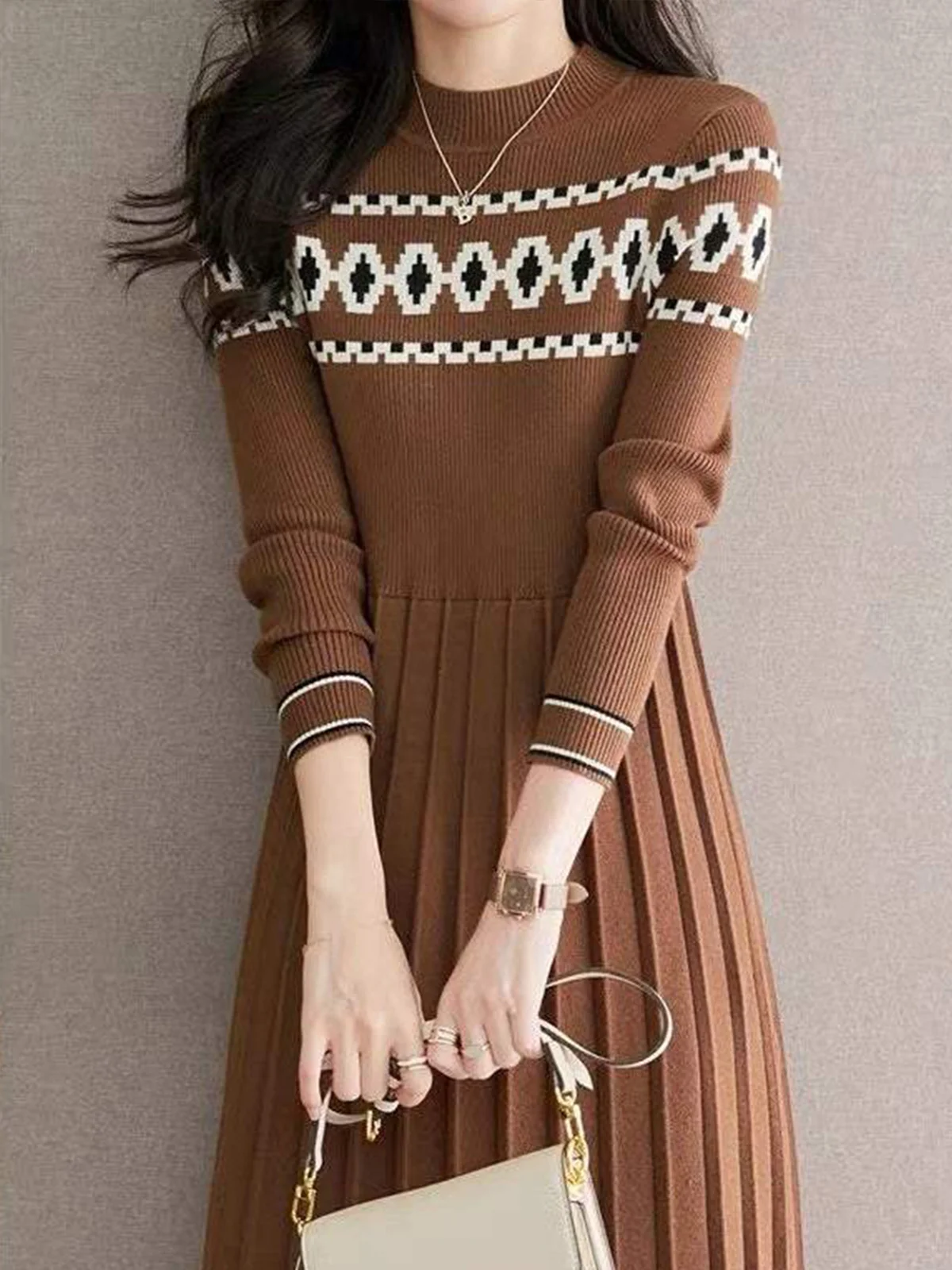 Crew Neck Regular Sleeve Casual Regular Fit Geometric Sweater Dress