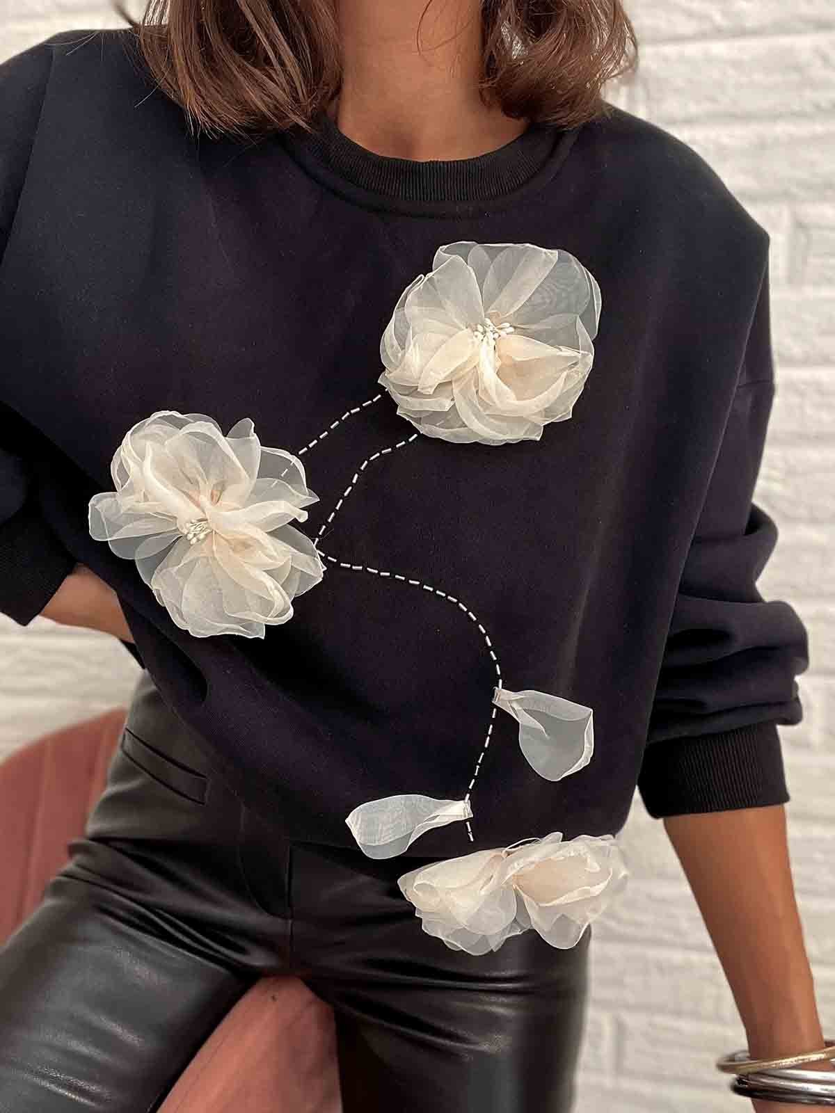 Floral Loose 3D Floral Raglan Sleeve Sweatshirt