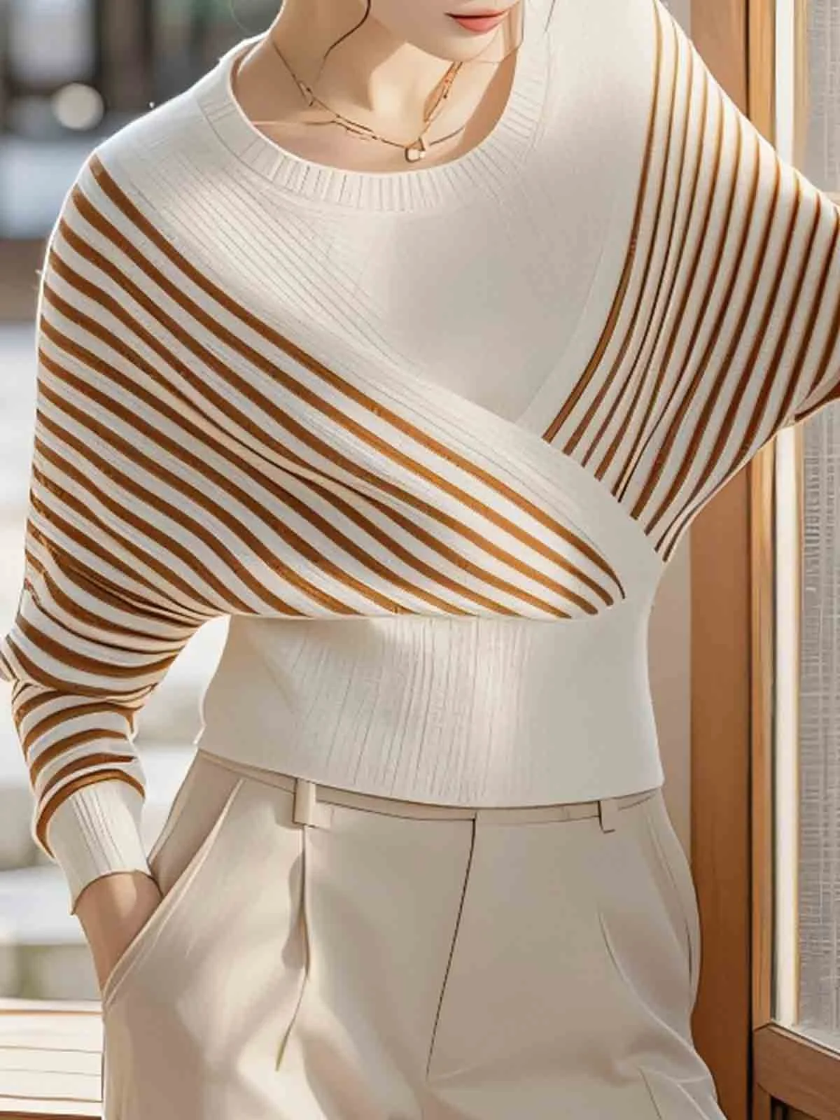 Casual Striped Raglan Sleeves Crew Neck Sweater