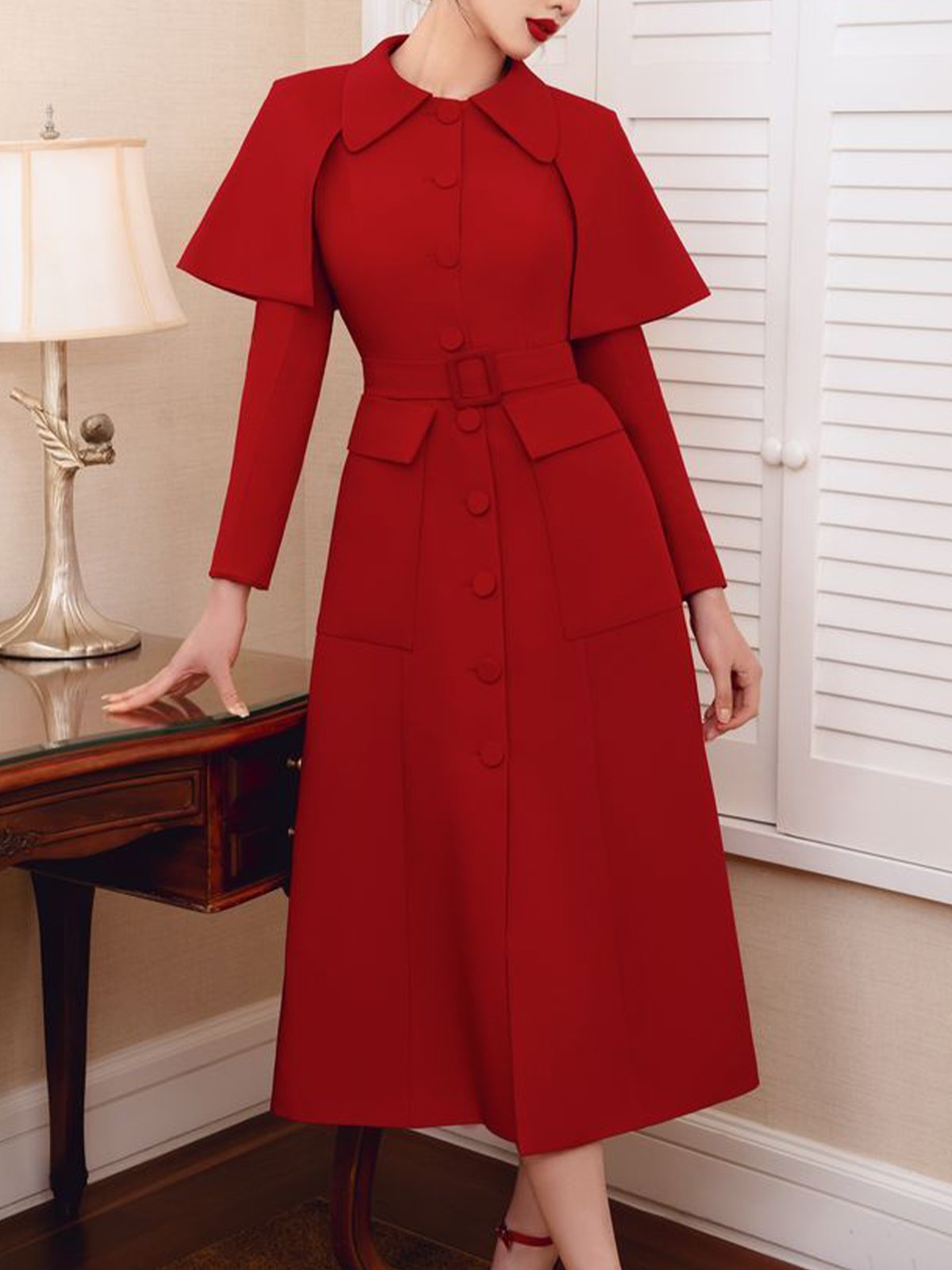 Elegant Shawl Collar Regular Sleeve Dress With Belt