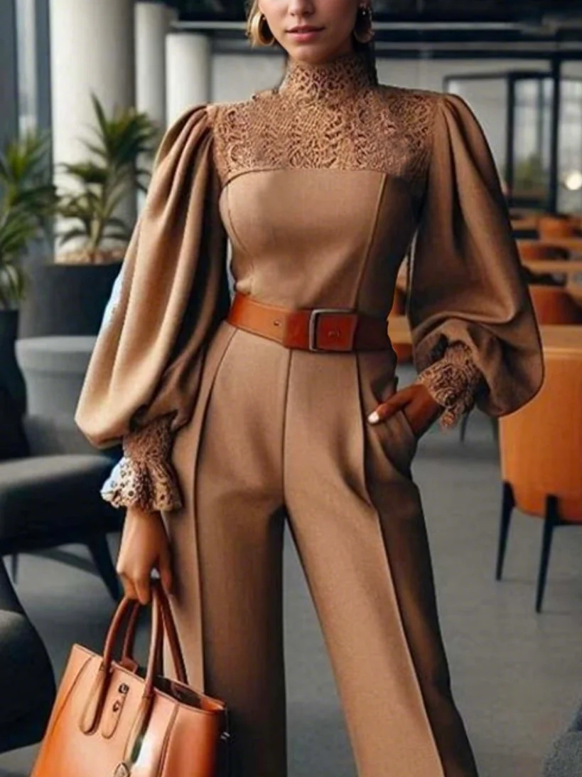 Plain Balloon Sleeve  Regular Fit Elegant Jumpsuit With No Belt