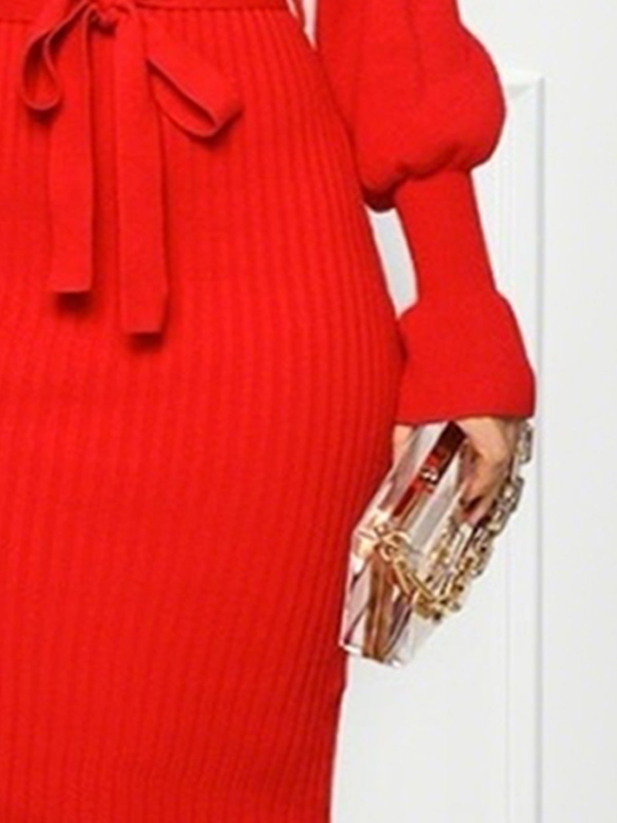 Tight Plain Long Sleeve Elegant Sweater Midi Dress With Belt