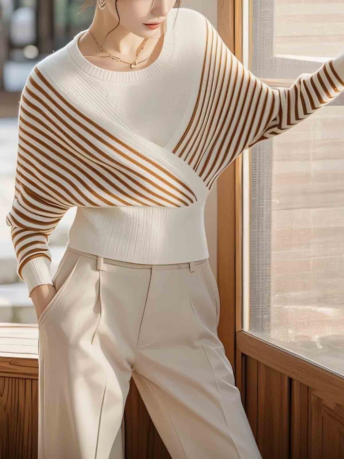 Casual Striped Raglan Sleeves Crew Neck Sweater