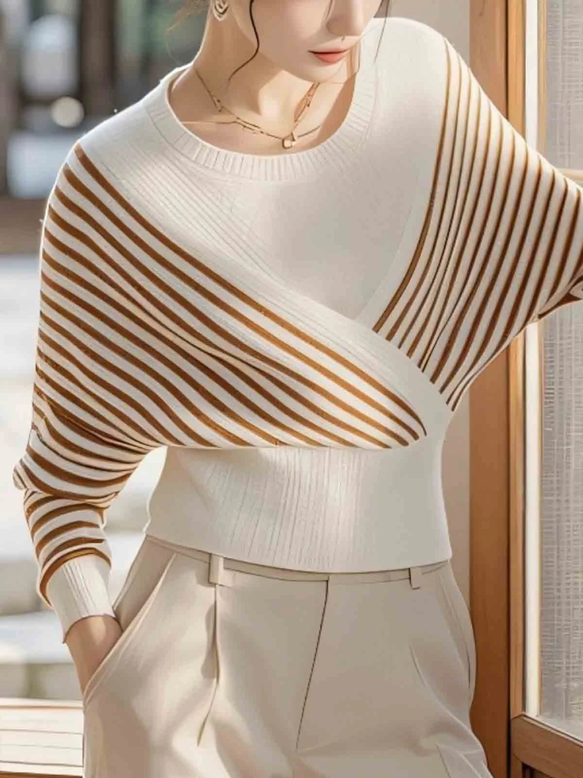 Casual Striped Raglan Sleeves Crew Neck Sweater