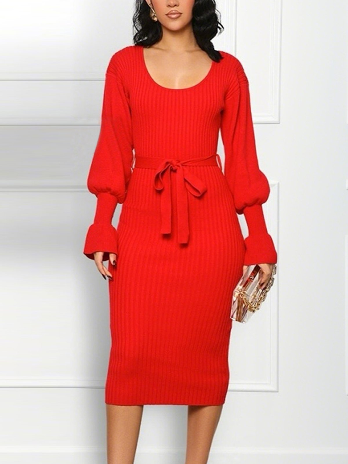 Tight Plain Long Sleeve Elegant Sweater Midi Dress With Belt