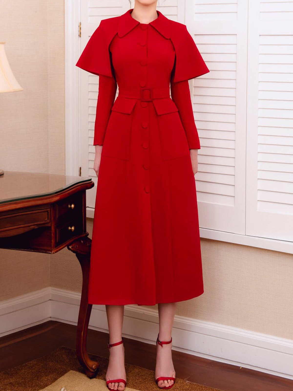 Elegant Shawl Collar Regular Sleeve Dress With Belt