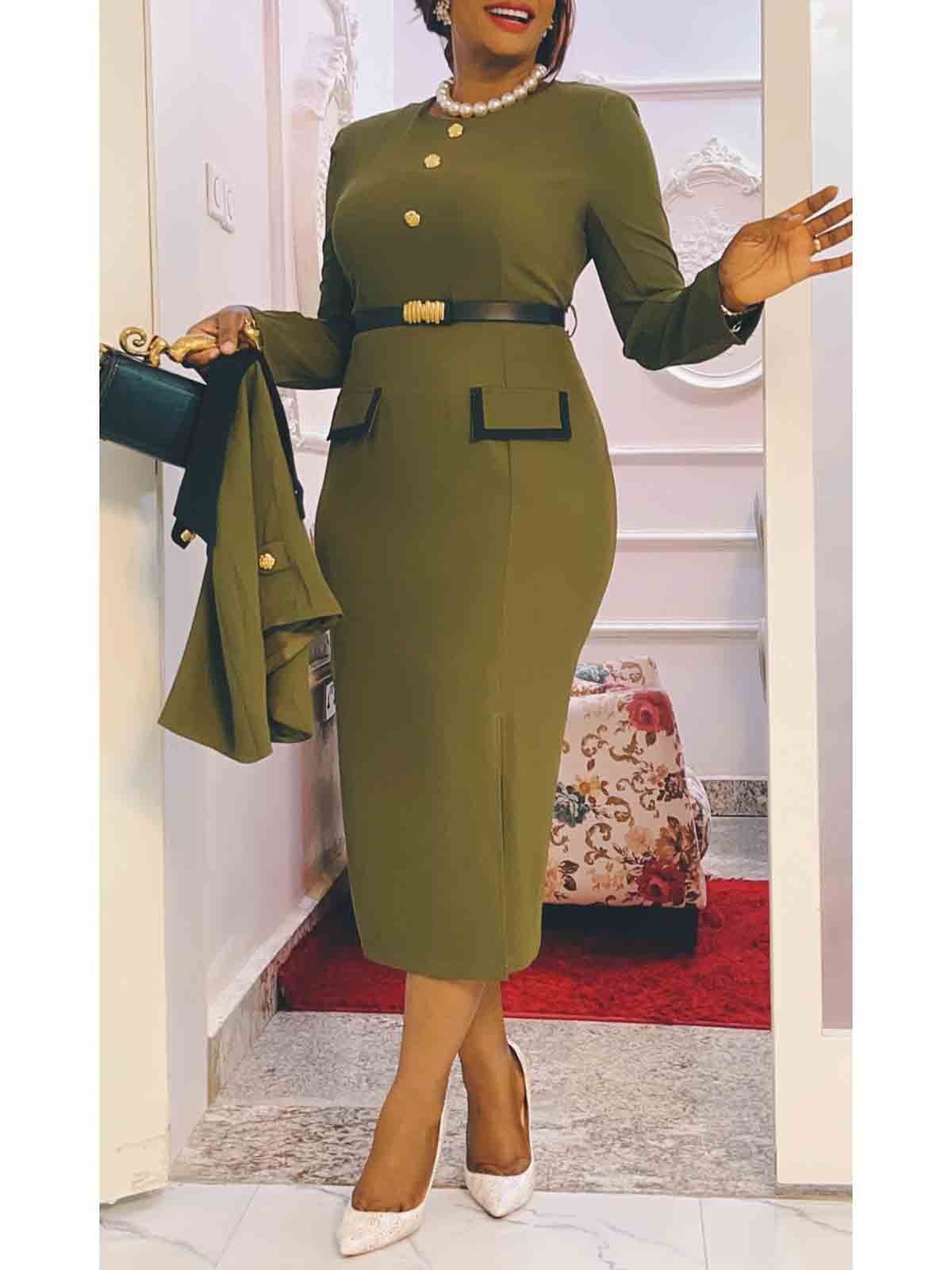 Elegant Regular Fit Wrap Color Block Long  Sleeve Dress With No Belt