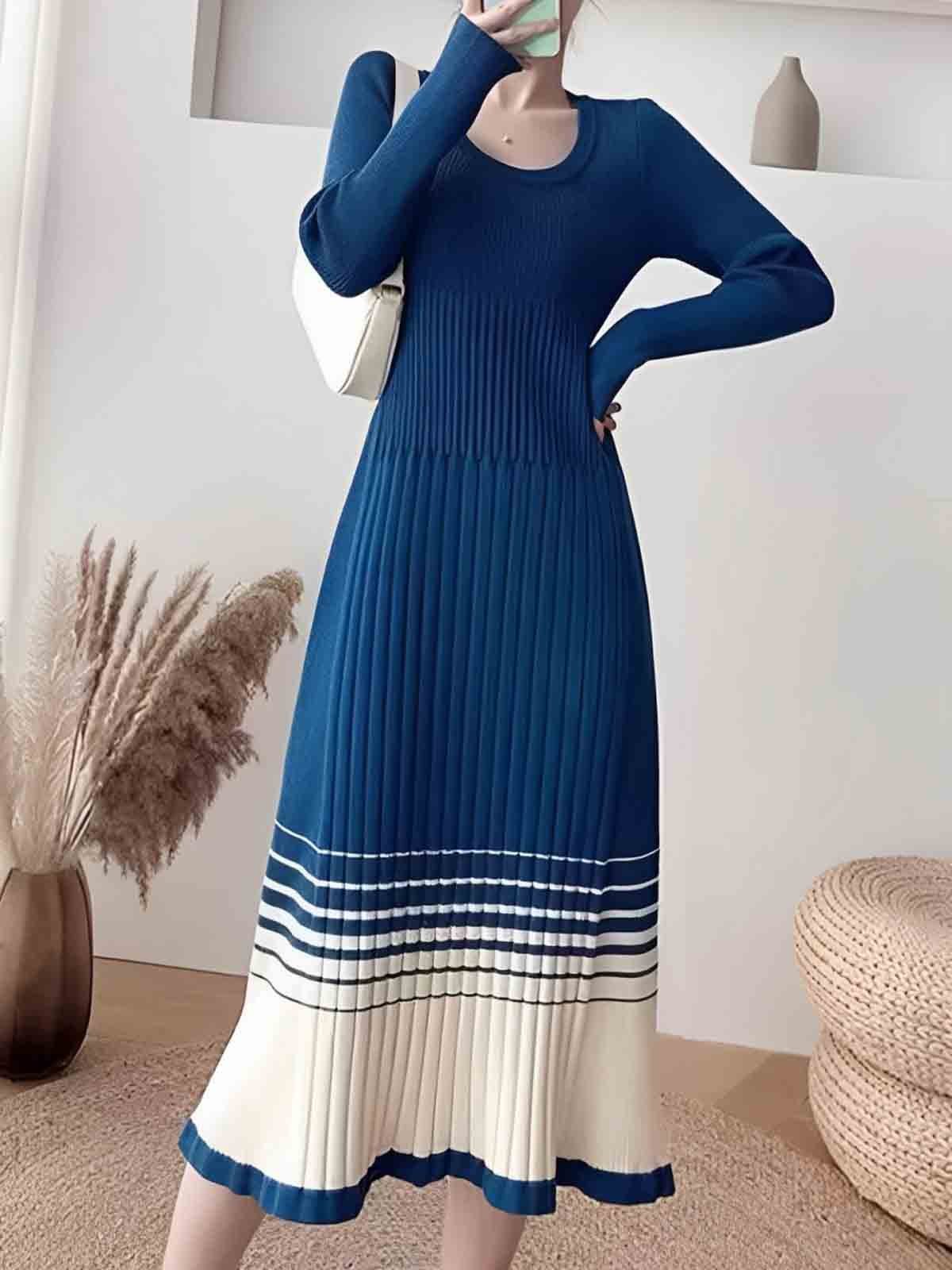 Elegant Crew Neck Color Block Long Sleeve Sweater Dress