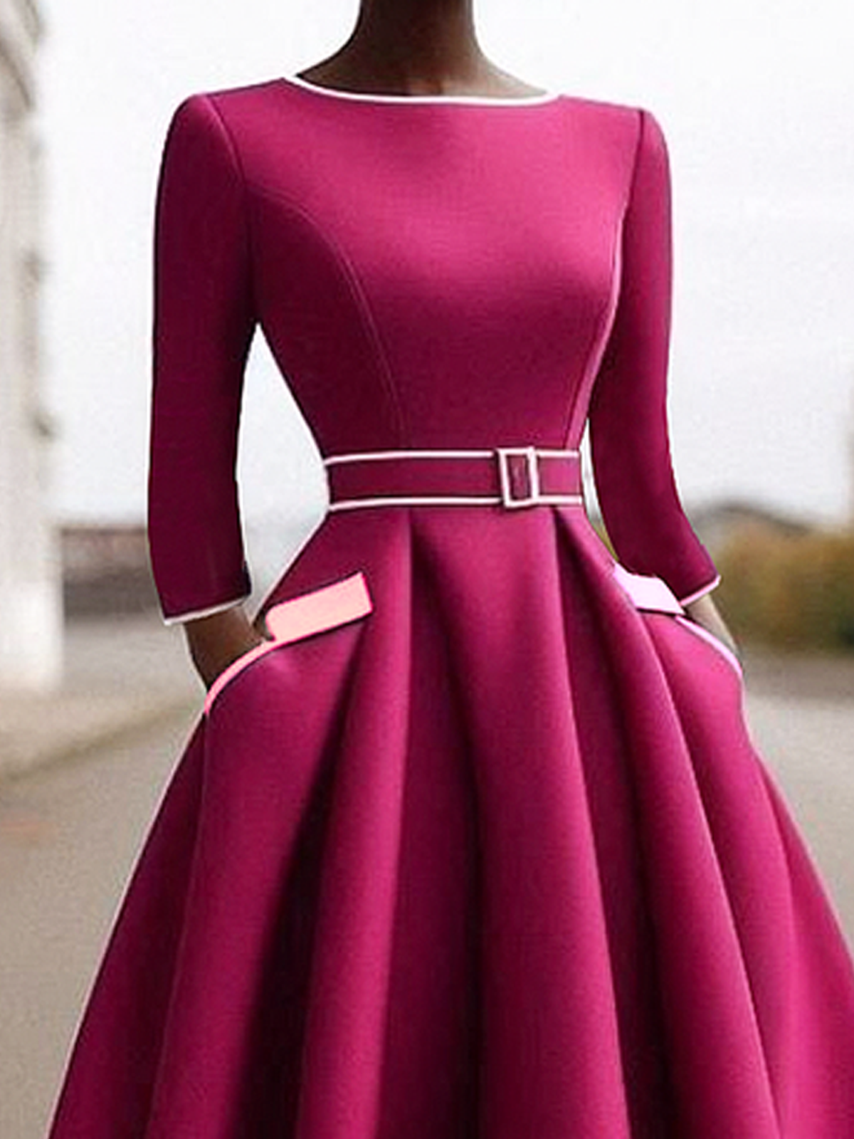 Color Block Regular Sleeve Regular Fit Crew Neck Three Quarter Sleeve Elegant Dress With Belt