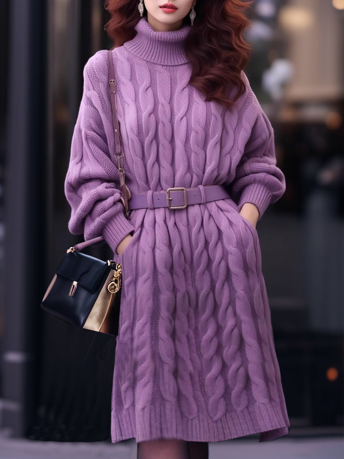 Elegant Turtleneck Sweater Dress With No Belt