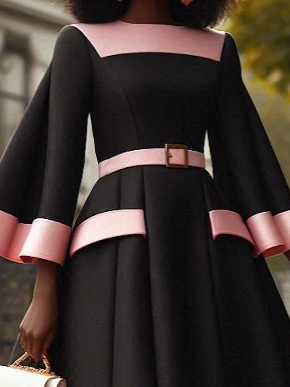 Regular Fit Bell Sleeve Crew Neck Three Quarter Sleeve Elegant Color Block Midi Dress With Belt