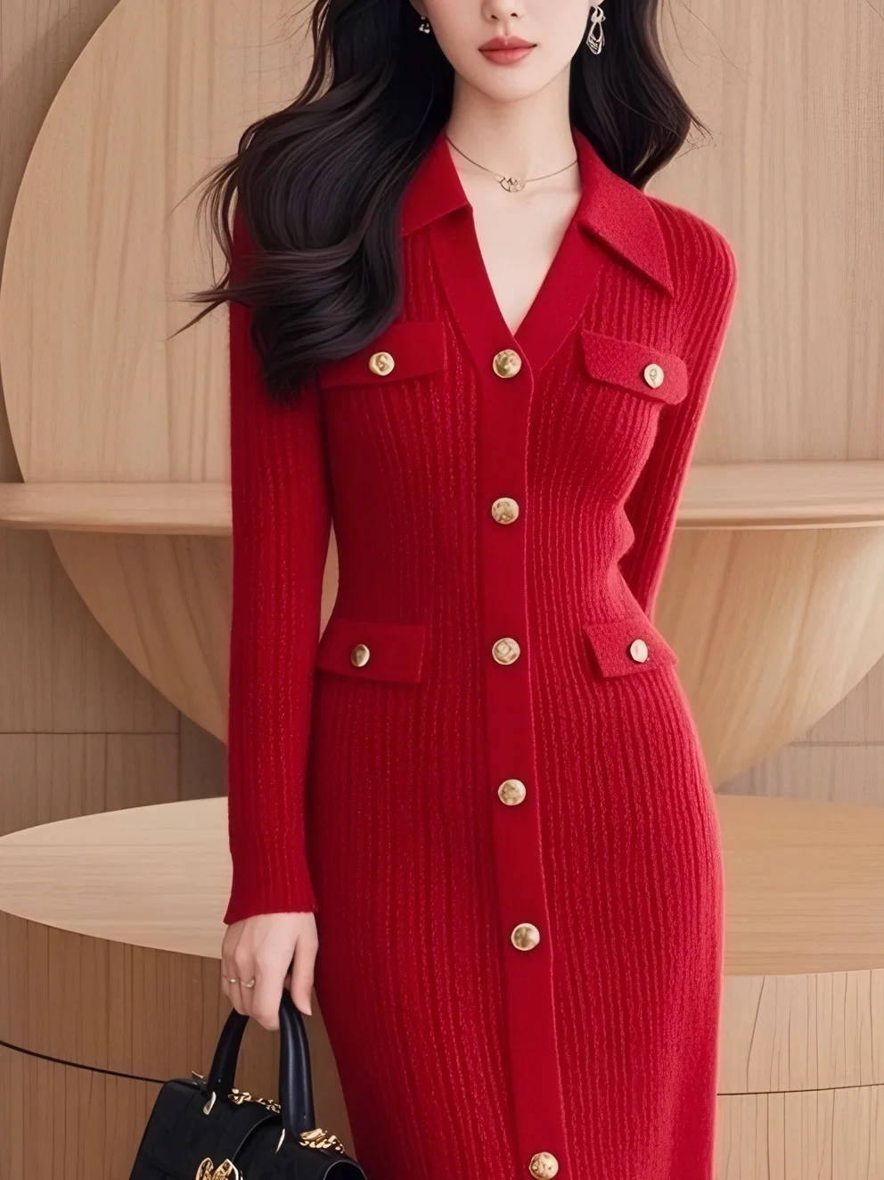 Regular Sleeve Elegant Shawl Collar Sweater Dress