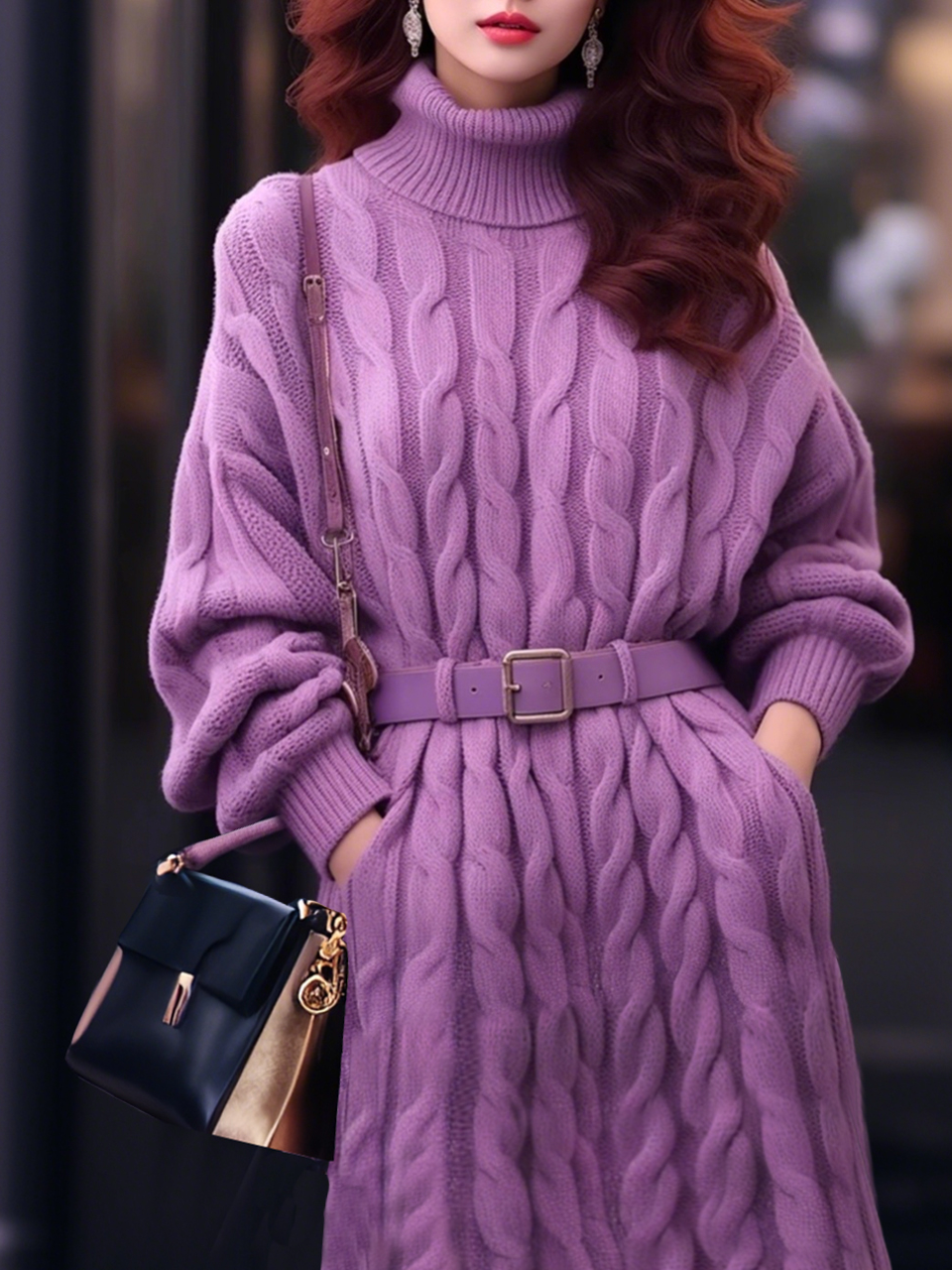 Elegant Turtleneck Sweater Dress With No Belt