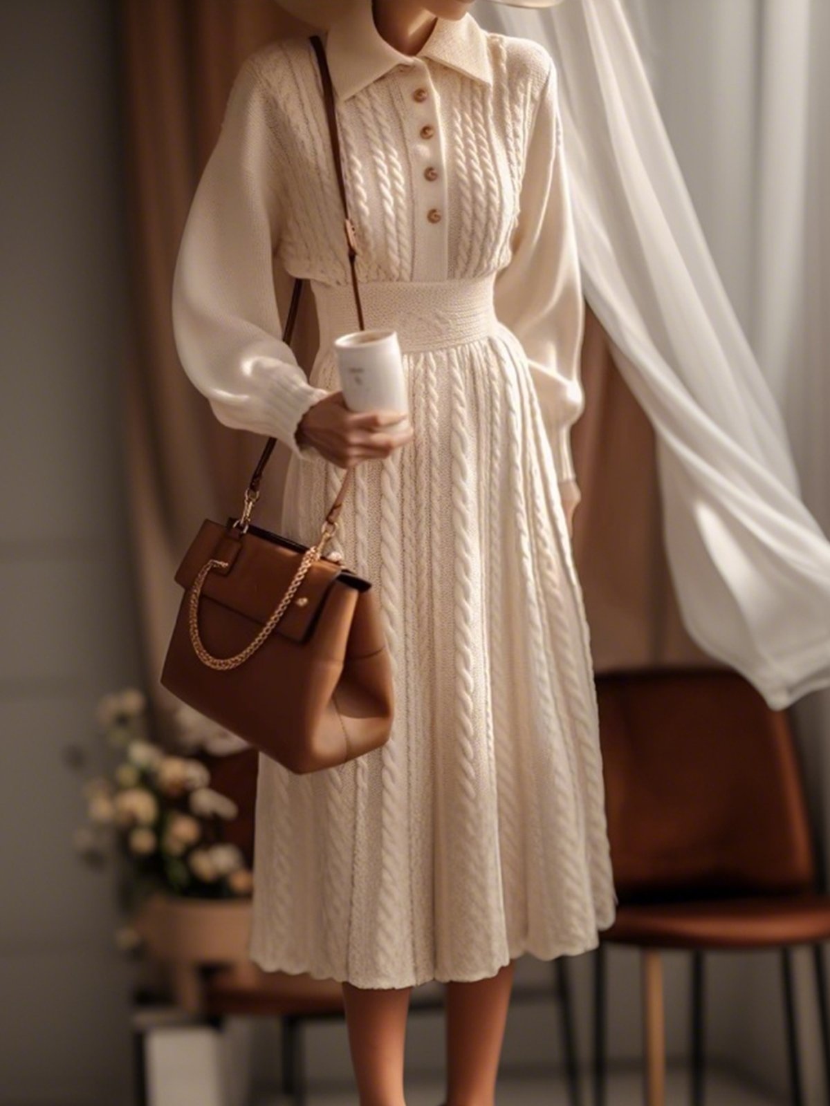 Plain Elegant Balloon Sleeve Regular Fit Sweater Midi Dress