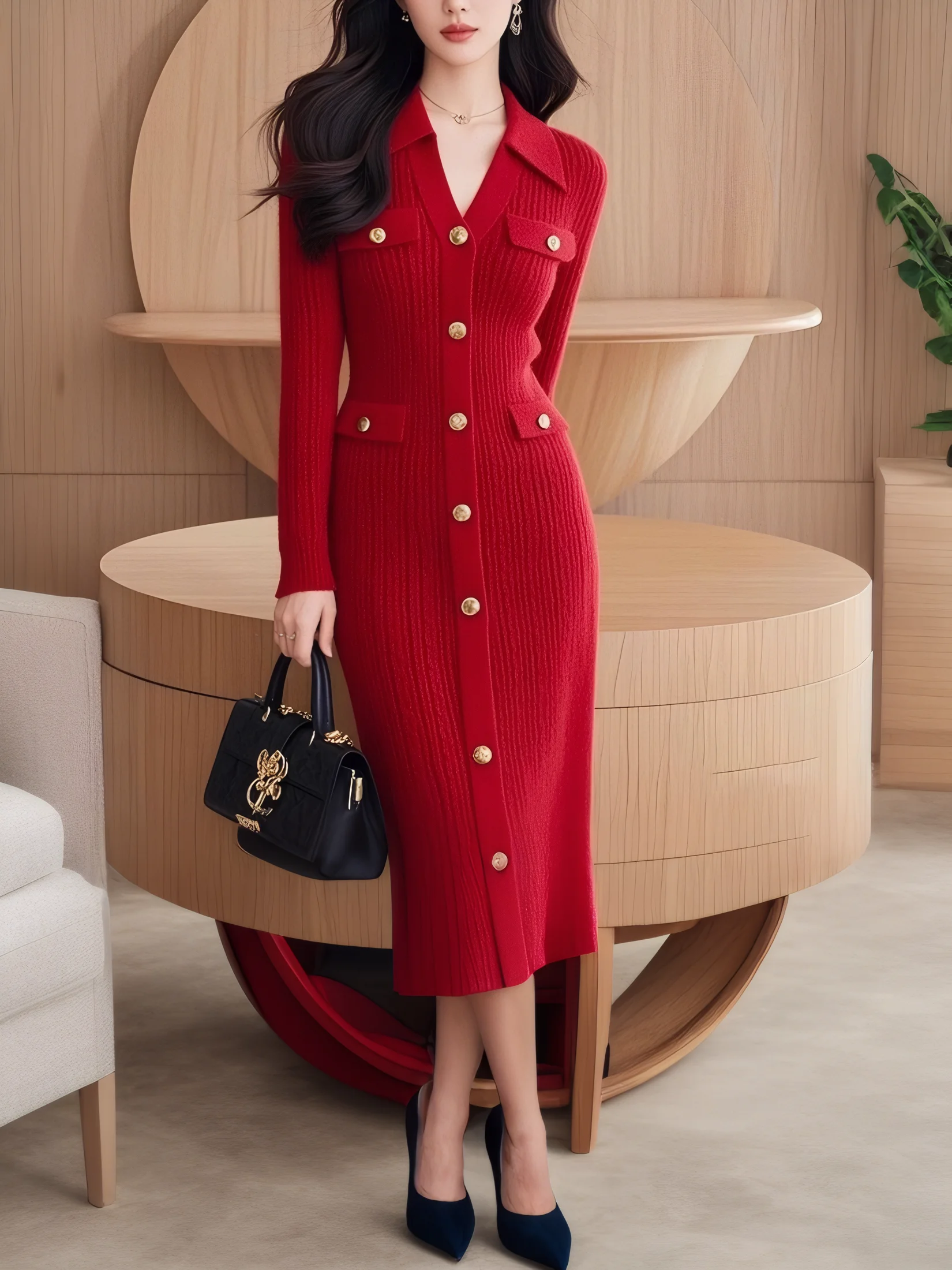 Regular Sleeve Elegant Shawl Collar Sweater Dress